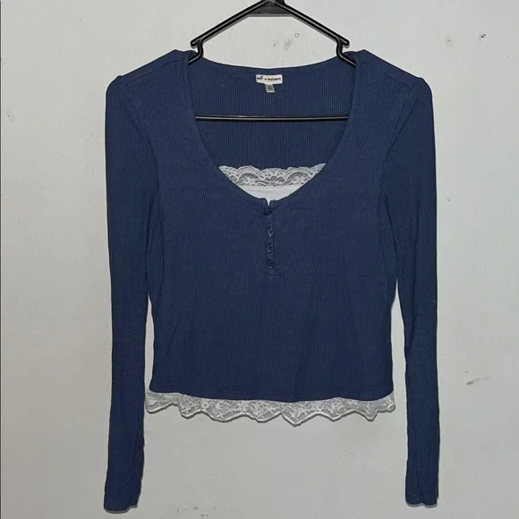 Self Esteem Blue Ribbed Long Sleeve Lace Trim Crop Top Size Small Y2K - Picture 1 of 3